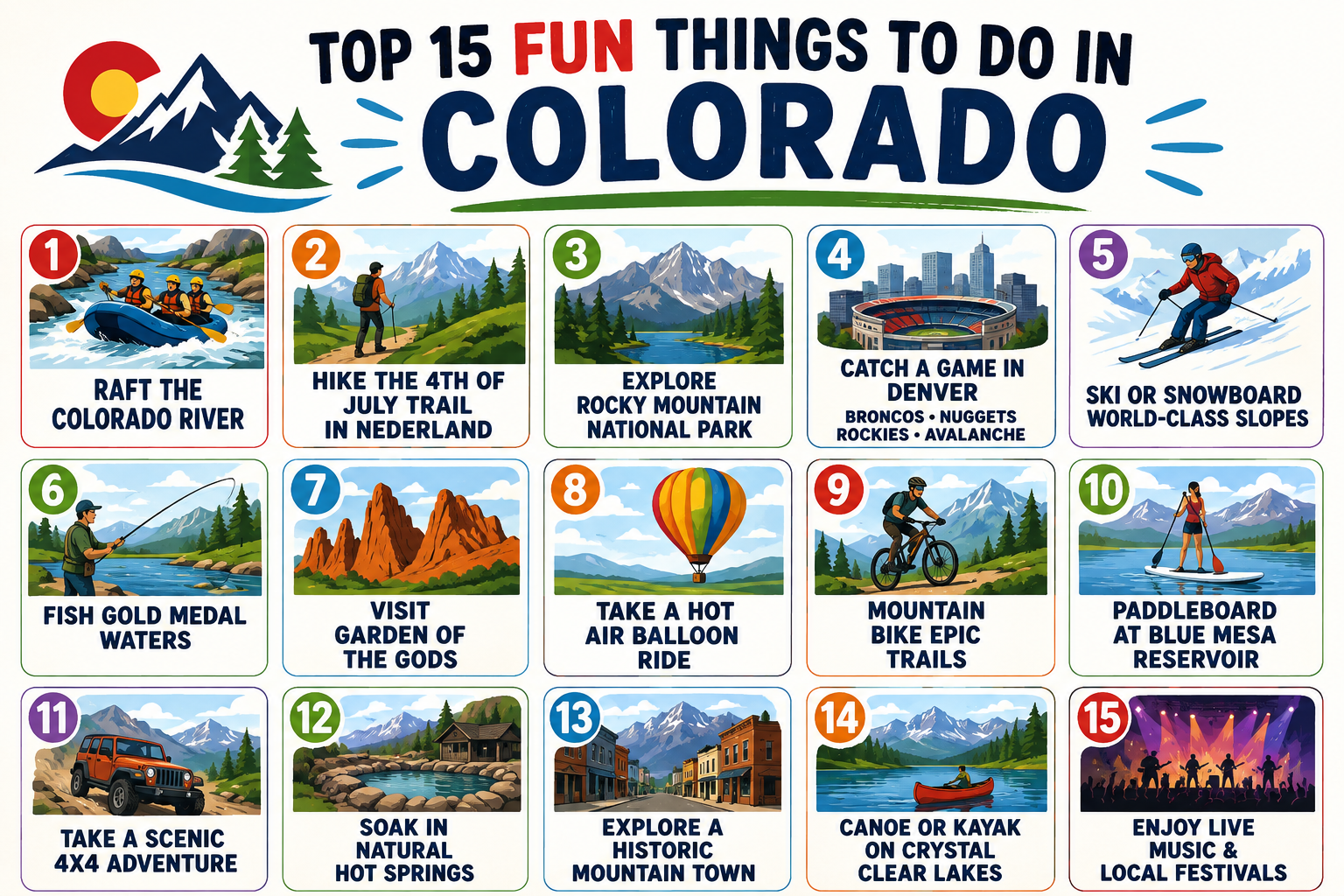 Infographic: Top 15 fun things to do in Colorado — raft the Colorado River, hike the 14ers, fish gold medal waters, Garden of the Gods, Rocky Mountain National Park, Mesa Verde, hot air ballooning, mountain biking, ghost towns, natural hot springs, Great Sand Dunes, kayaking crystal clear lakes, scenic 4x4 adventures, skiing and snowboarding, local music festivals