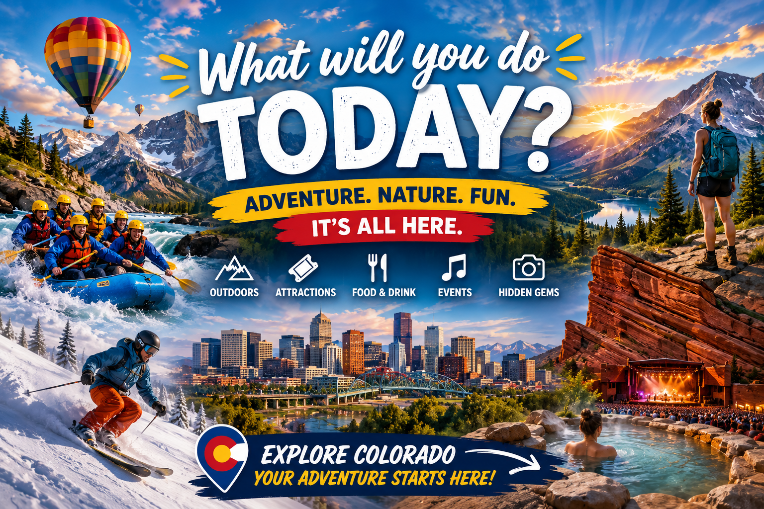 What will you do today in Colorado — skiing, hiking, hot air ballooning, Red Rocks and Denver adventure collage